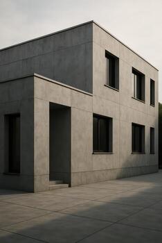 A concrete house with windows and a concrete driveway photo