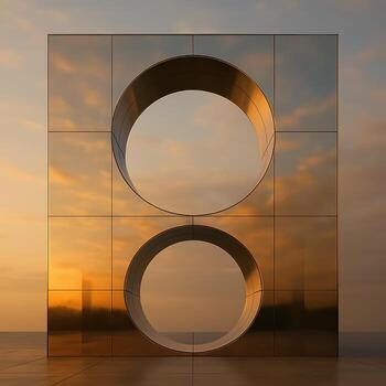 A large metal sculpture with two circles on it photo