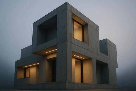 A concrete house with a light on the front photo