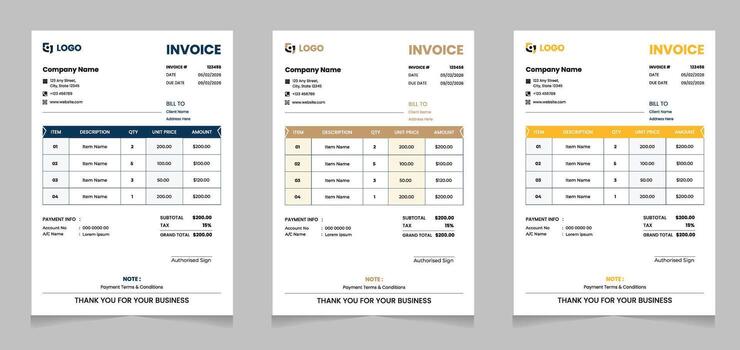 Minimalist Professional Invoice Template 3 Colour Variations with Rounded Table Design vector