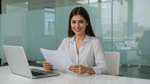 A woman is sitting at a table with a piece of paper photo