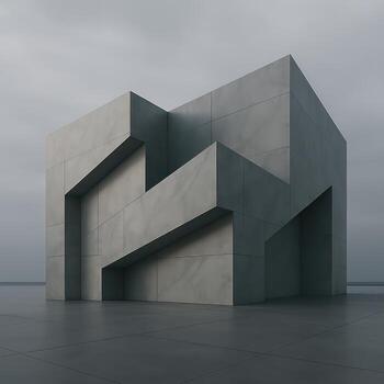 A building with a large concrete structure on the ground photo