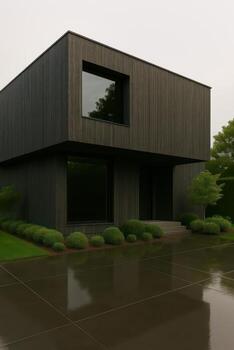 A black house with a large window photo