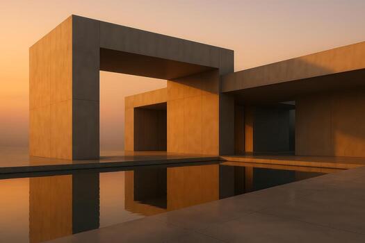 A concrete building with a pool at sunset photo