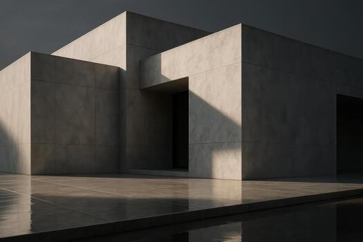 A concrete building with a large door and a shadow photo