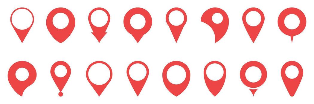 Red Map Pin Location Marker Solid Icon Set. Navigation, Gps, And Geolocation Silhouette Symbol Collection. Various Pin Designs For Maps And Directions. Isolated Illustration vector