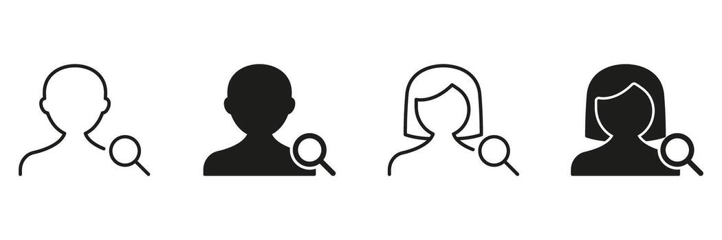 User Profile Search Icon Set. Identity Verification And User Analysis Outline And Silhouette Symbol Collection. Personal Information And Online Presence Exploration. Isolated Illustration vector