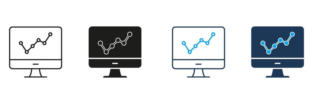 Computer Monitor With Line Graph Line And Solid Icon Set. Data Analysis, Business Growth, And Performance Tracking Symbol Collection. Financial And Statistical Insights. Isolated Illustration vector
