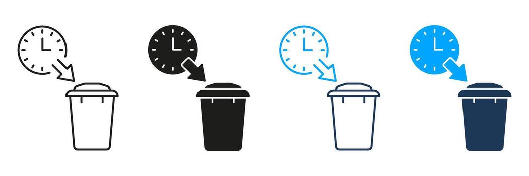 Clock And Trash Bin Line And Solid Icon Set. Time Management, Task Scheduling, And Deadline Reminder Silhouette Symbol Collection. Waste Reduction And Efficiency. Isolated Illustration vector