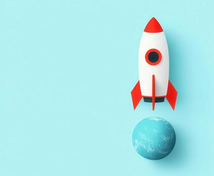 flat rocket design hovering above single planet, showcasing playful and imaginative scene photo