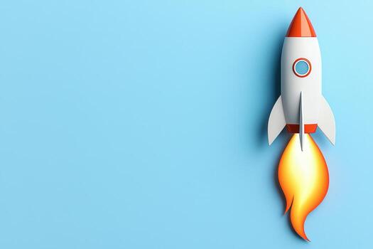 Toy rocket with fiery flame trail against blue background photo