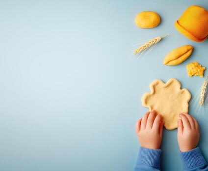 Child hands playing with soft dough creating shapes on blue surface with wheat ears and orange knitted hat nearby photo