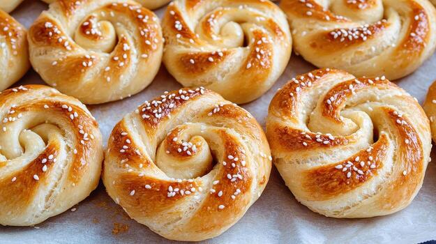 Spiral shaped bread rolls with golden crust and sesame seeds sprinkled on top arranged on baking paper, fresh and appetizing photo