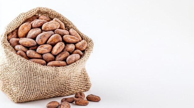 Raw cocoa bean in burlap sack with some beans spilled on white surface, natural texture and warm tone photo