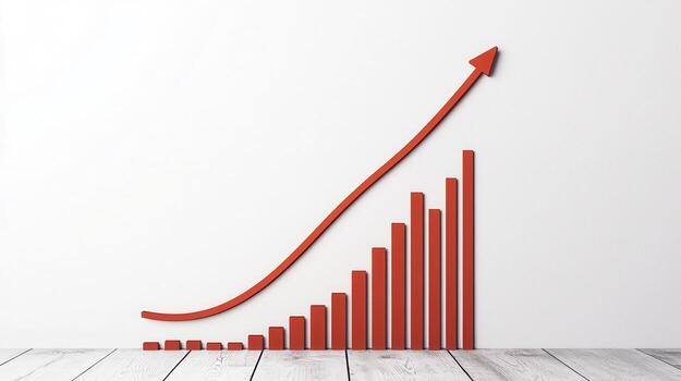 Red bar chart with upward arrow showing growth and success on white wall with wooden floor photo