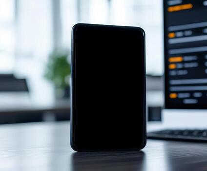Black smartphone with blank screen standing on wooden desk in modern office environment with computer monitor in background photo