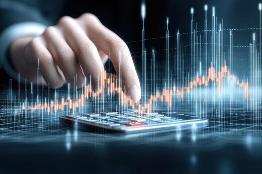 Investor using calculator to analyze financial data with glowing stock market graph and digital interface in background photo
