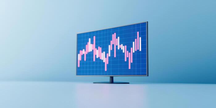 Stock market graph on modern computer monitor with blue background showing financial data and trends photo