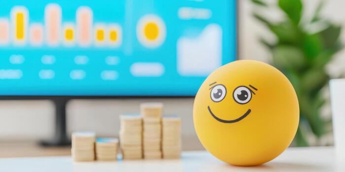 Yellow smiley face ball with stacks of coins and financial chart in background showing growth and positive emotion photo