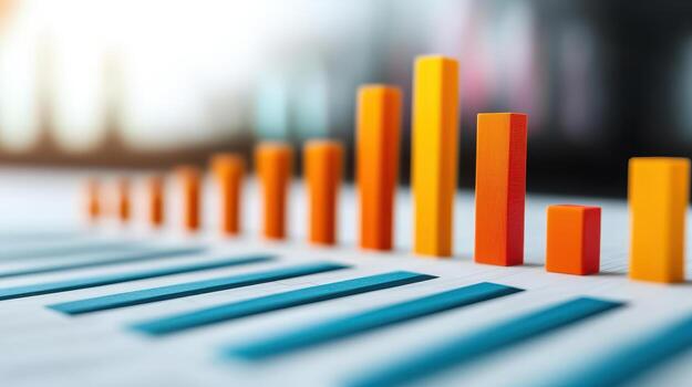 Bar chart with orange and yellow bars showing growth and financial data analysis with blurred background photo