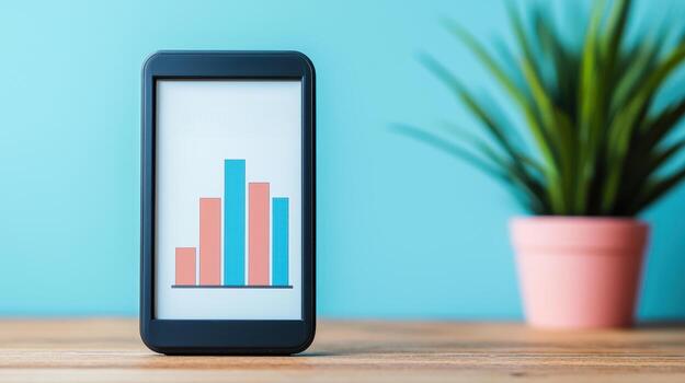 Bar chart displayed on smartphone screen with blue and red bars on wooden table with potted plant photo