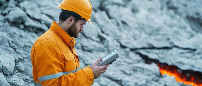Worker in orange jacket and helmet using handheld thermal camera scanning volcanic rock with glowing lava photo