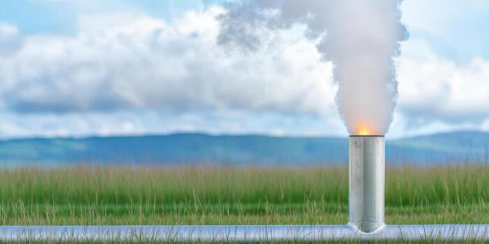 Close up of geothermal pipe venting hot steam in grassy field with mountains and cloudy sky in background photo