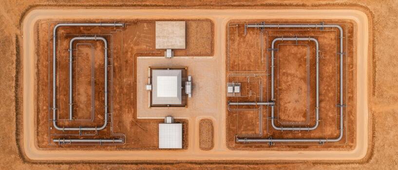 Aerial view of industrial geothermal wells with symmetrical pipelines and buildings dry reddish soil, showing complex photo
