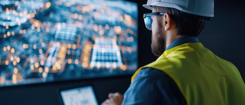 Engineer analyzing geothermal power grid model digital screen, wearing safety helmet and reflective vest focused energy system photo