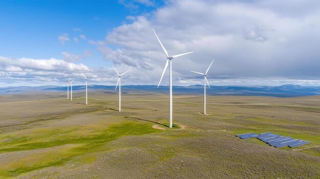 Wind turbine farm with solar panel array on green plain under blue sky with clouds, renewable energy landscape photo