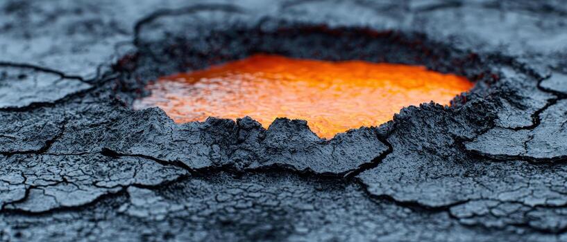 Hot mud bubbling from geothermal source captured in close up image showing cracked dark soil and glowing orange liquid photo