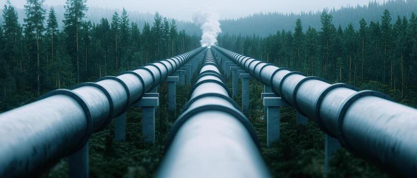 Industrial pipelines carrying geothermal steam through dense forest with misty atmosphere and tall evergreen trees photo