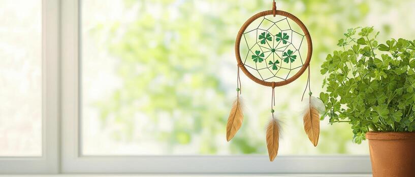 trébol estampado atrapasueños colgando en iluminado por el sol ventana con verdor foto