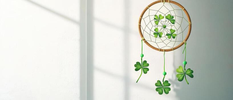 trébol estampado atrapasueños colgando en iluminado por el sol ventana, simbolizando suerte y positividad foto