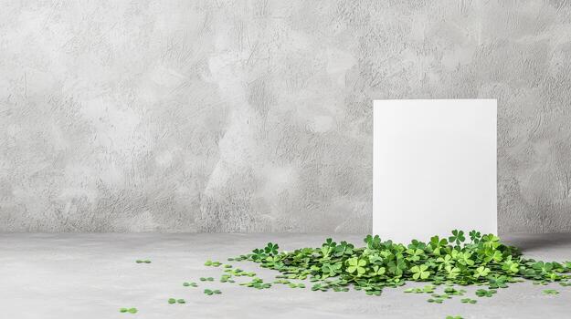 Blank card surrounded by green shamrock confetti on textured background photo