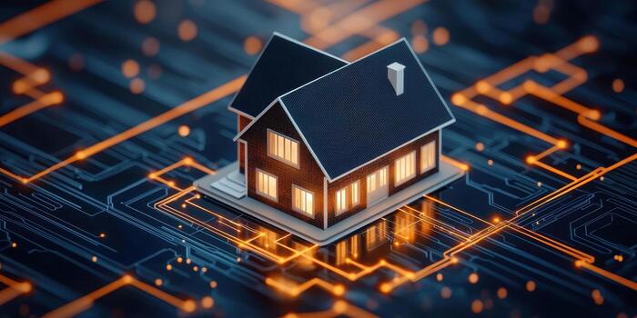 digital house model on circuit board background photo