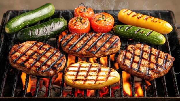 Grilled meats and vegetables create delicious feast photo