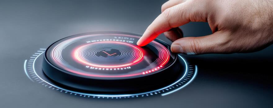 hand interacts with futuristic control panel photo