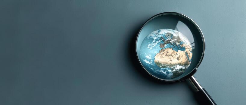 Earth globe under magnifying glass on blue background with heatwave effect showing climate change concept photo
