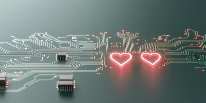 circuito tablero con brillante rojo corazón formas simbolizando amor y tecnología conexión en moderno diseño foto