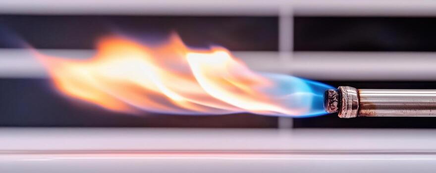Gas flame with blue and orange hues burning from metal pipe, showing dynamic energy and heat in close up view photo