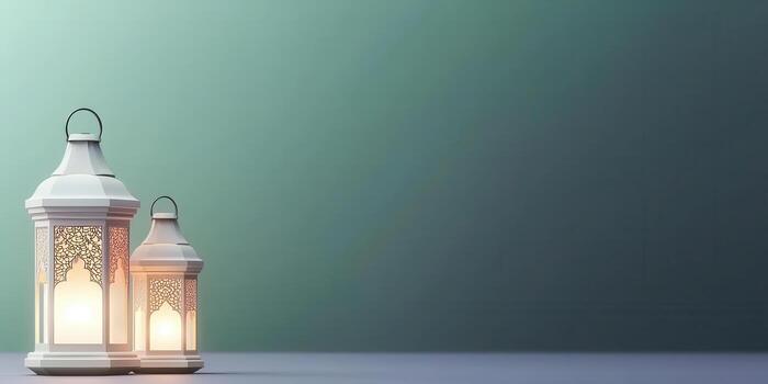 Elegant lanterns with glowing light on dark gradient background photo