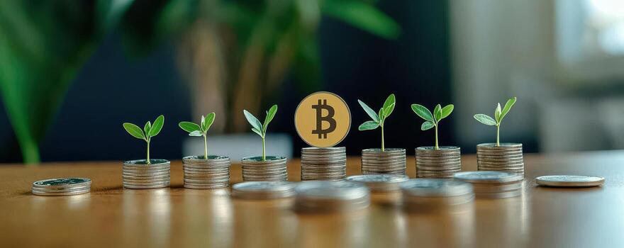 Bitcoin growth investment with sprout row on coins pattern graph photo