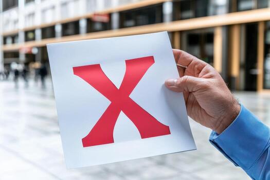 Red X mark on white paper against office building background photo