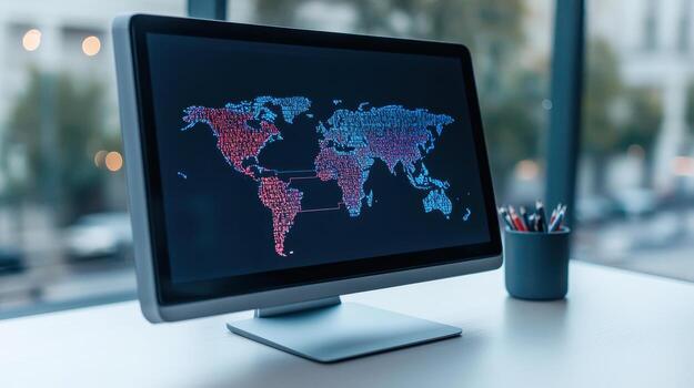 World map on monitor screen global business technology photo