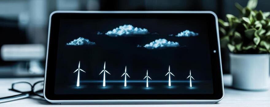 digital monitor muestra viento turbina datos y nube modelo foto