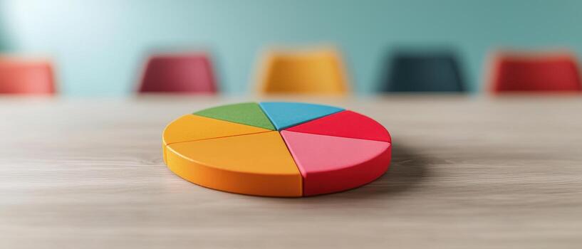Colorful pie chart segments on wooden table business report photo