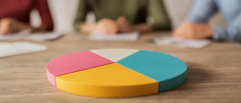 Colorful pie chart segments finance data on wooden background photo
