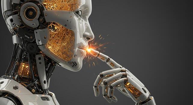 Profile of a thinking android with exposed golden wires touching its lips and creating sparks. photo