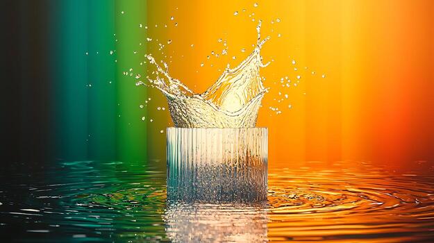 Splash of water from a glass in vibrant colors, creating a dynamic visual effect photo